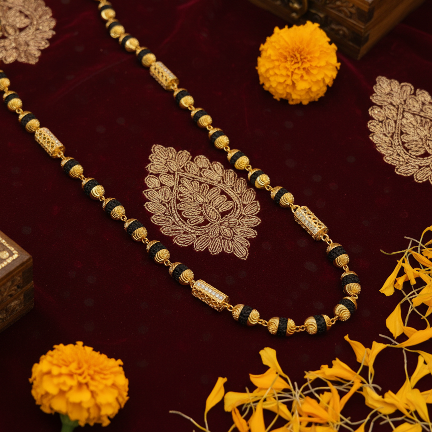 Mala on burgundy velvet with marigolds
