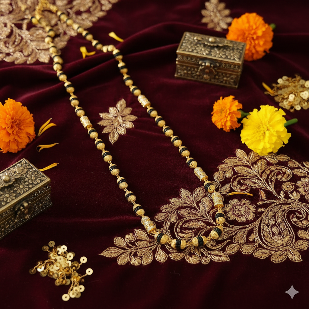 Mala on burgundy velvet with marigolds