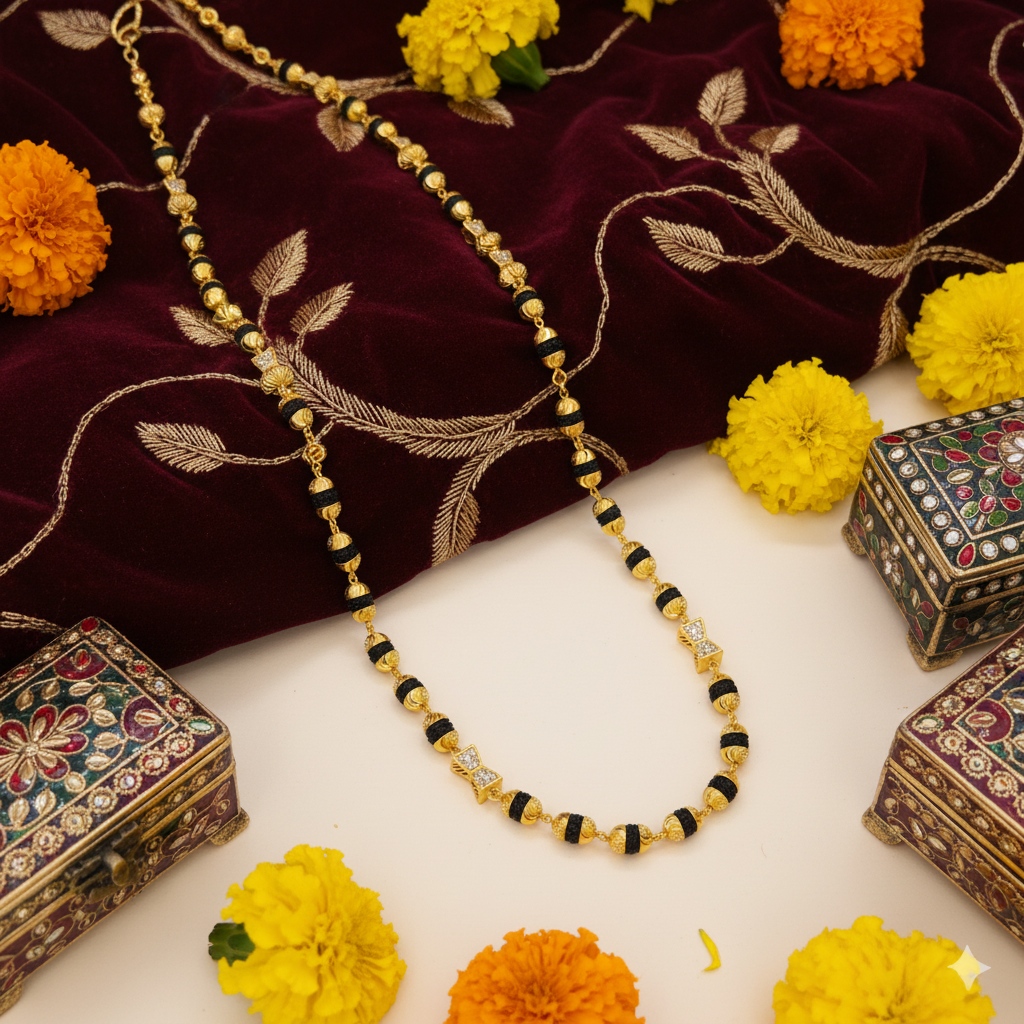 Mala on burgundy velvet with marigolds