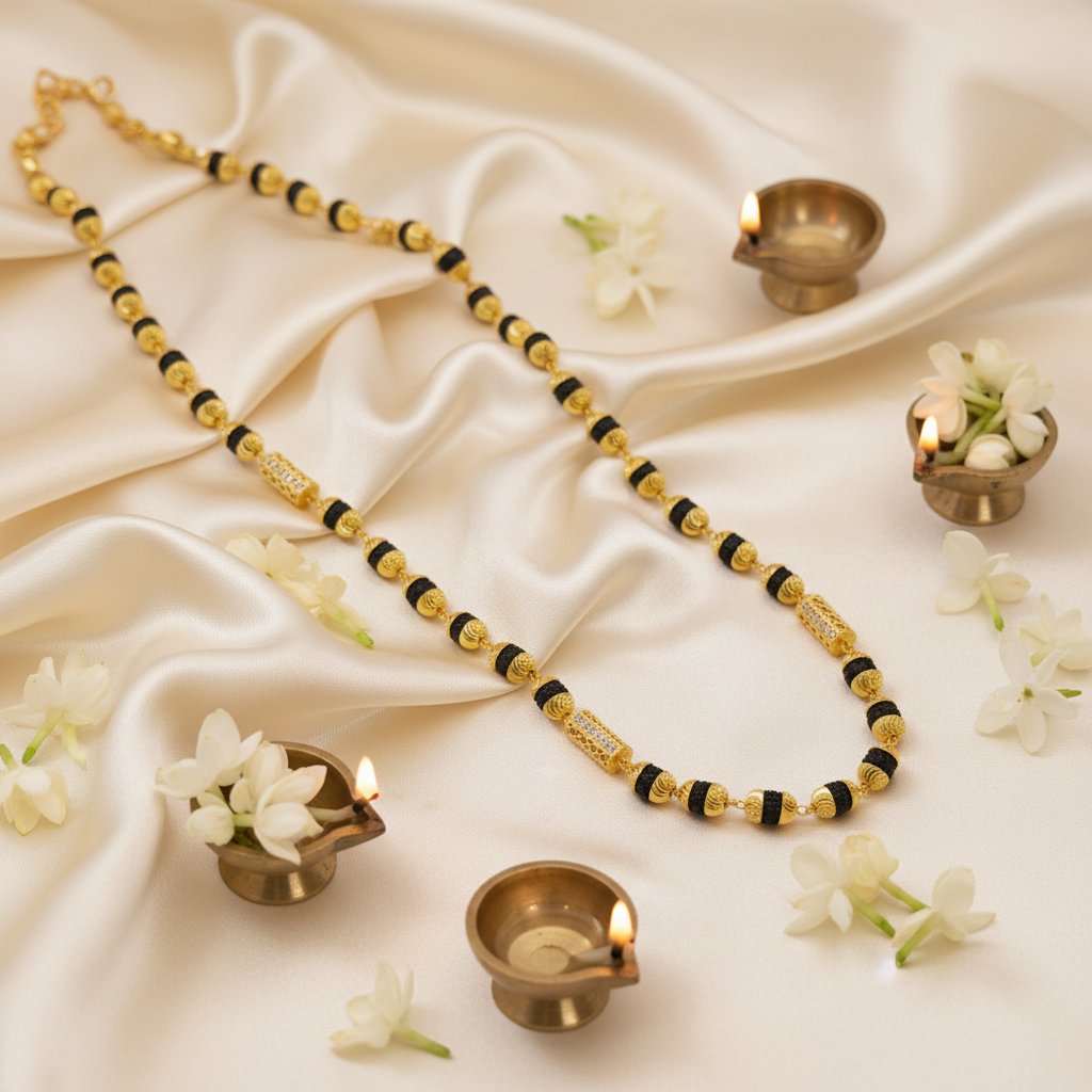 Mala on cream silk with diyas and jasmine