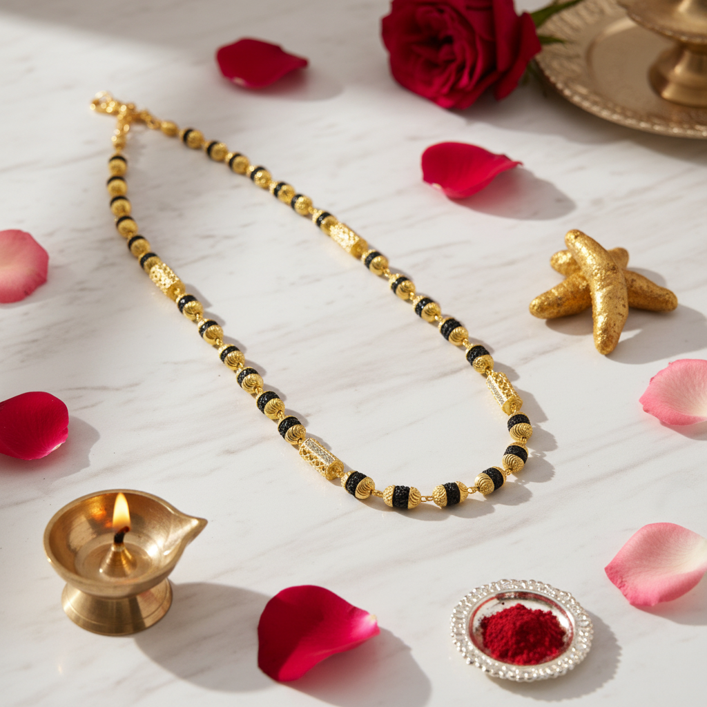 Mala on white marble with rose petals