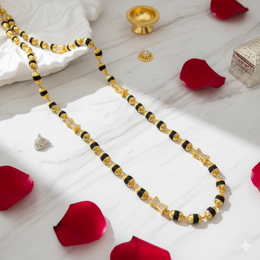 Mala on white marble with rose petals