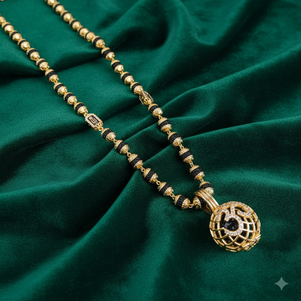 Mala with pendant on emerald green velvet