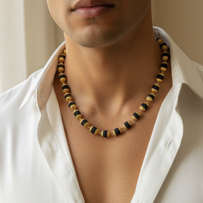 Male model wearing necklace - close-up