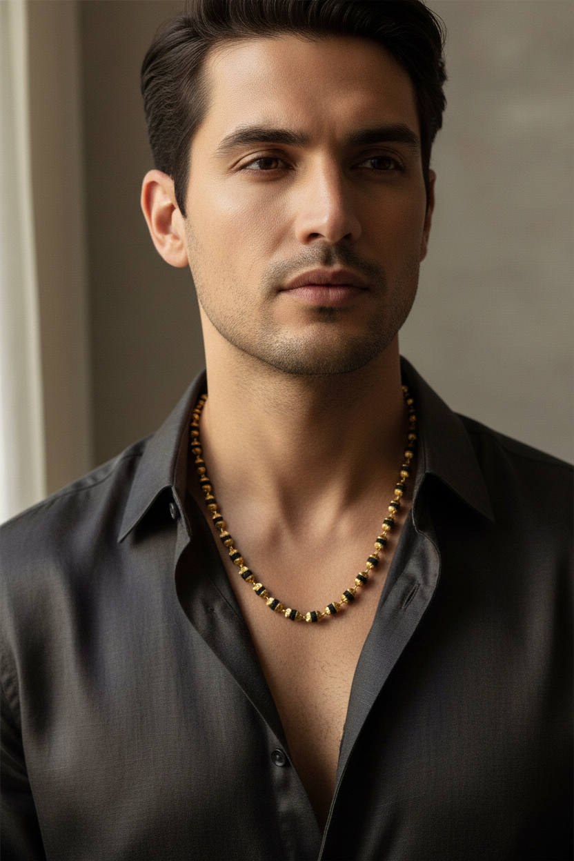 Man wearing 4mm Rudraksha necklace