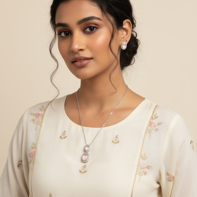 Model in ethnic outfit with rose quartz jewelry