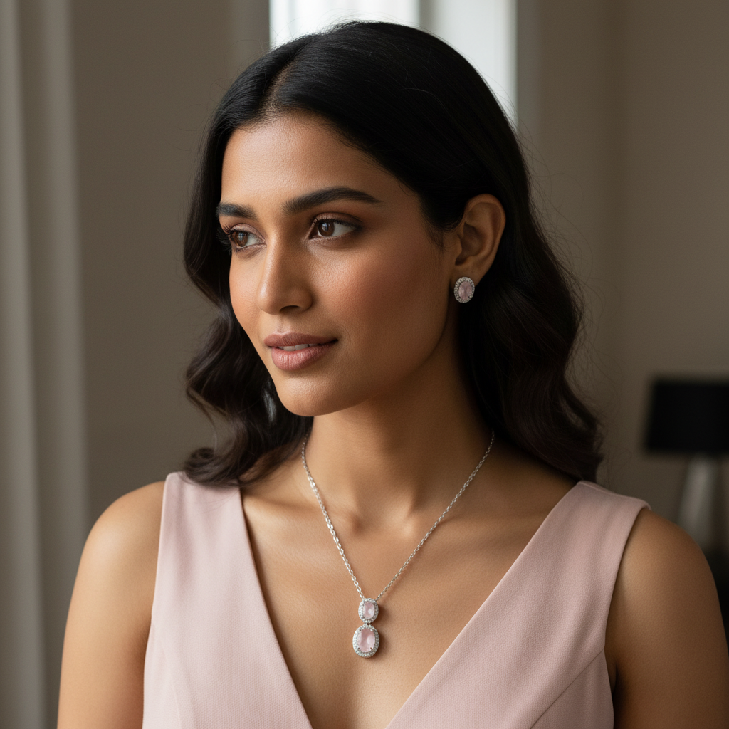 Model in western dress with rose quartz jewelry