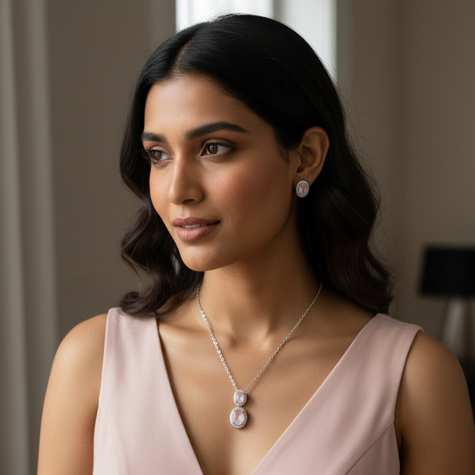 Model in western dress with rose quartz jewelry