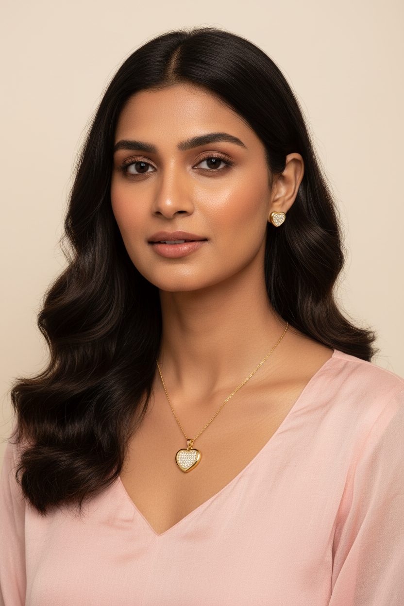 Model wearing gold heart jewelry set