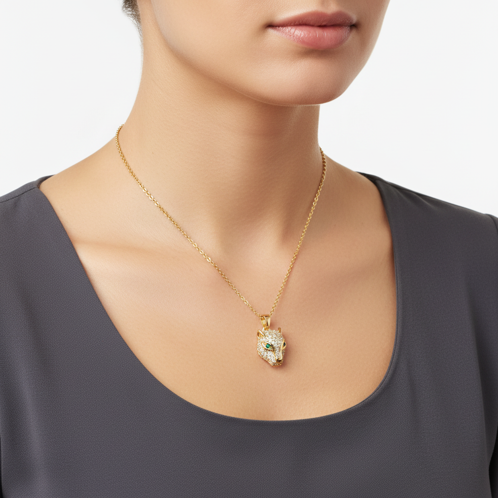 Model wearing panther pendant with clothing