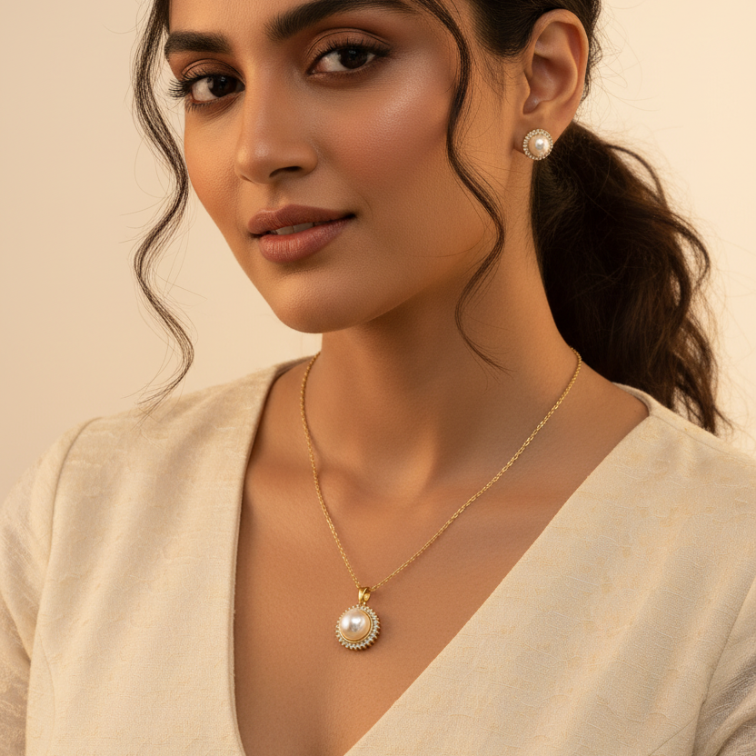 Model wearing pearl jewelry set