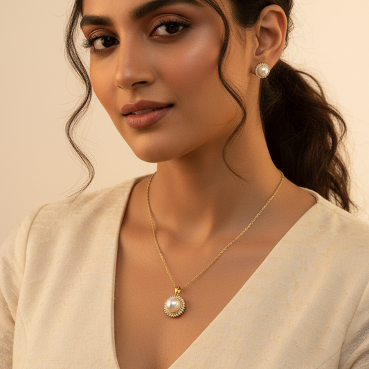 Model wearing pearl jewelry set