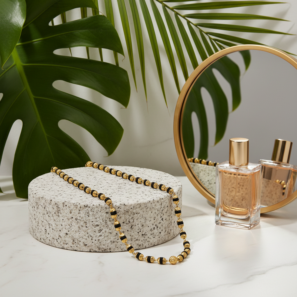 Modern styling with stone pedestal and tropical leaves