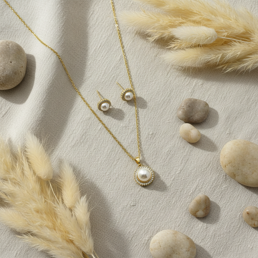 Pearl jewelry set diagonal overhead on beige linen