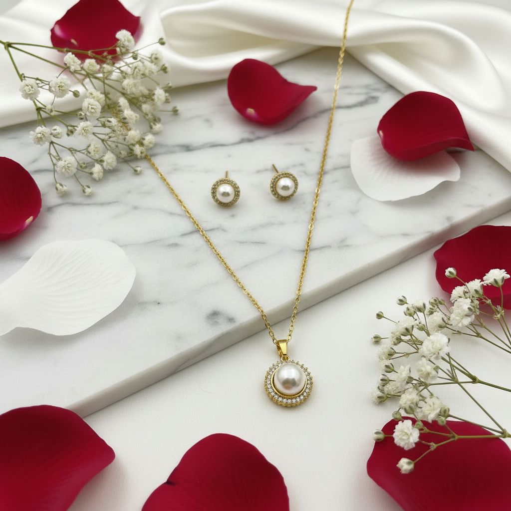 Pearl jewelry set on marble with roses at angle