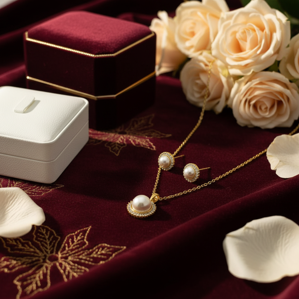 Pearl jewelry set side view on burgundy velvet