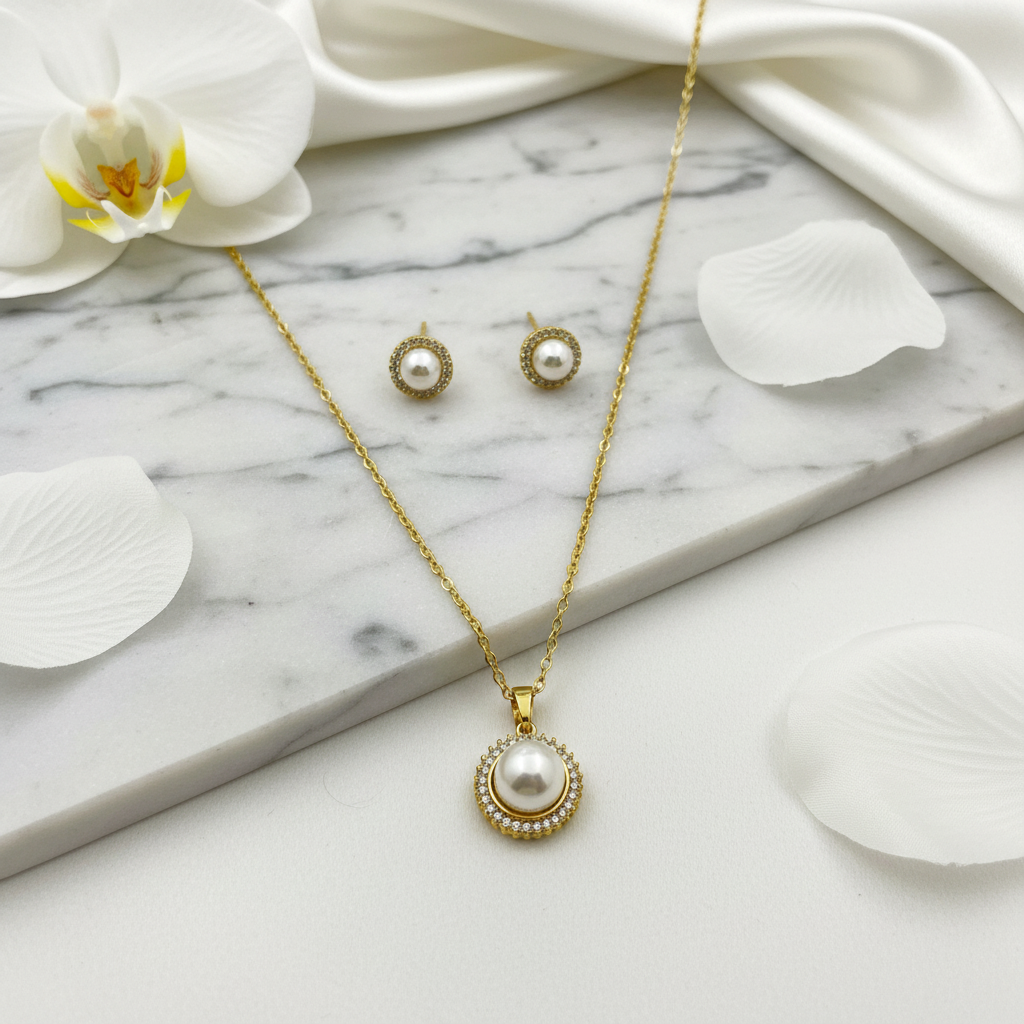 Pearl jewelry set with elegant background