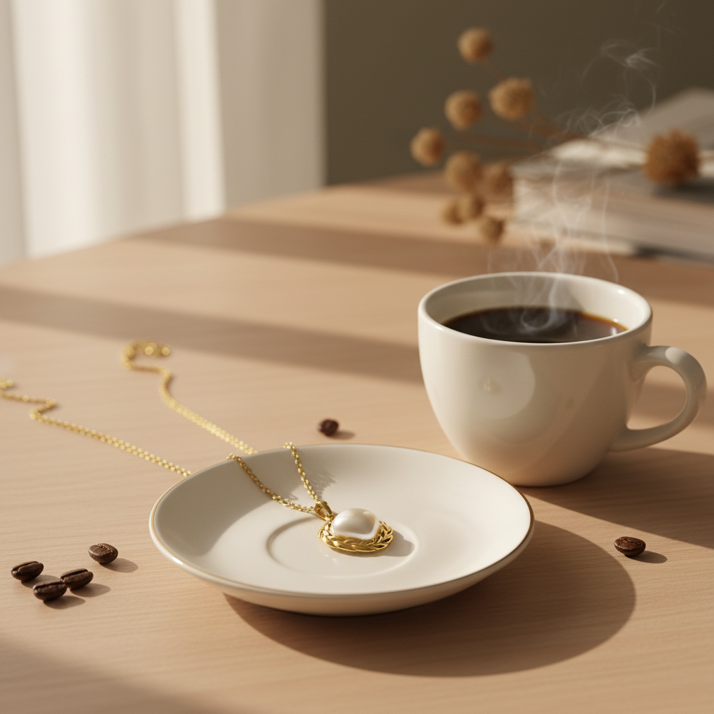 Pearl pendant with coffee cup styling