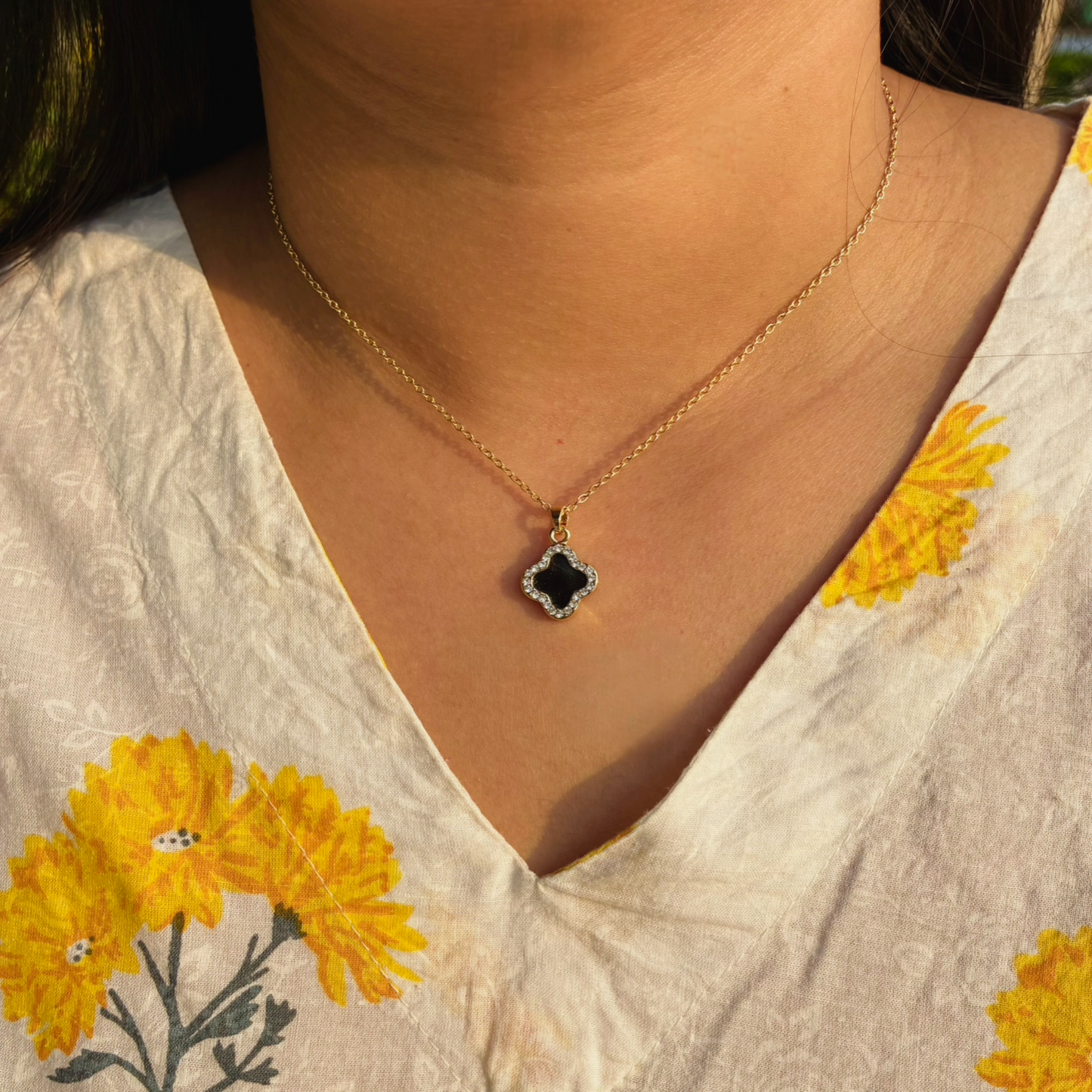 Black Clover Pendant Necklace with Crystal Pavé Border | Gold Chain Quatrefoil Necklace