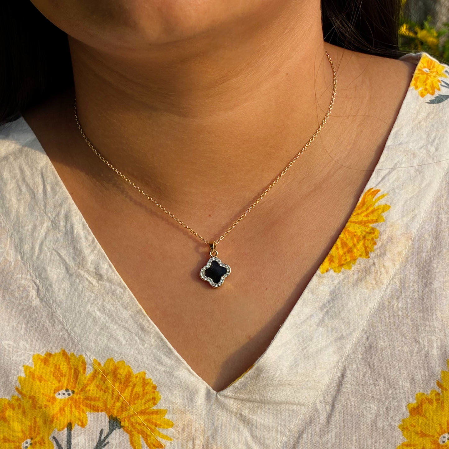 Black Clover Pendant Necklace with Crystal Pavé Border | Gold Chain Quatrefoil Necklace
