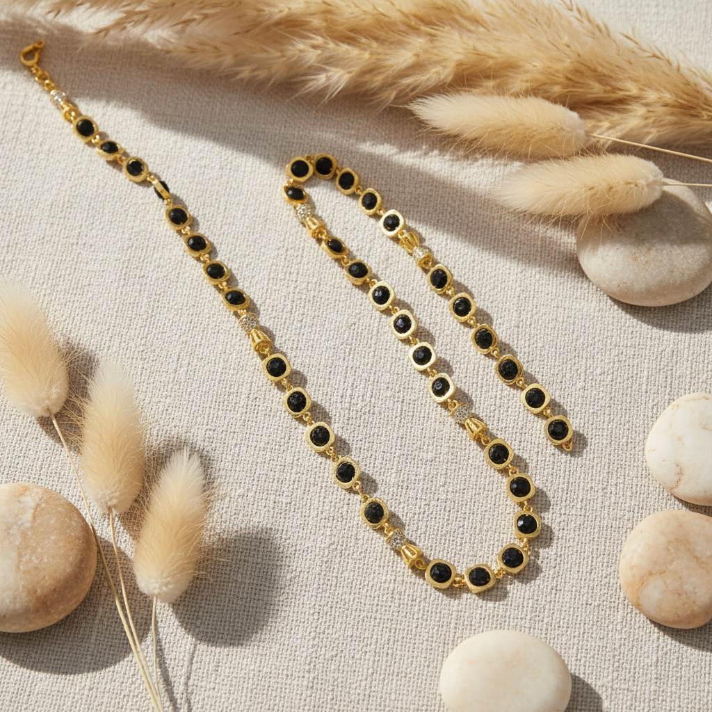 Rudraksh mala on beige linen with pampas grass