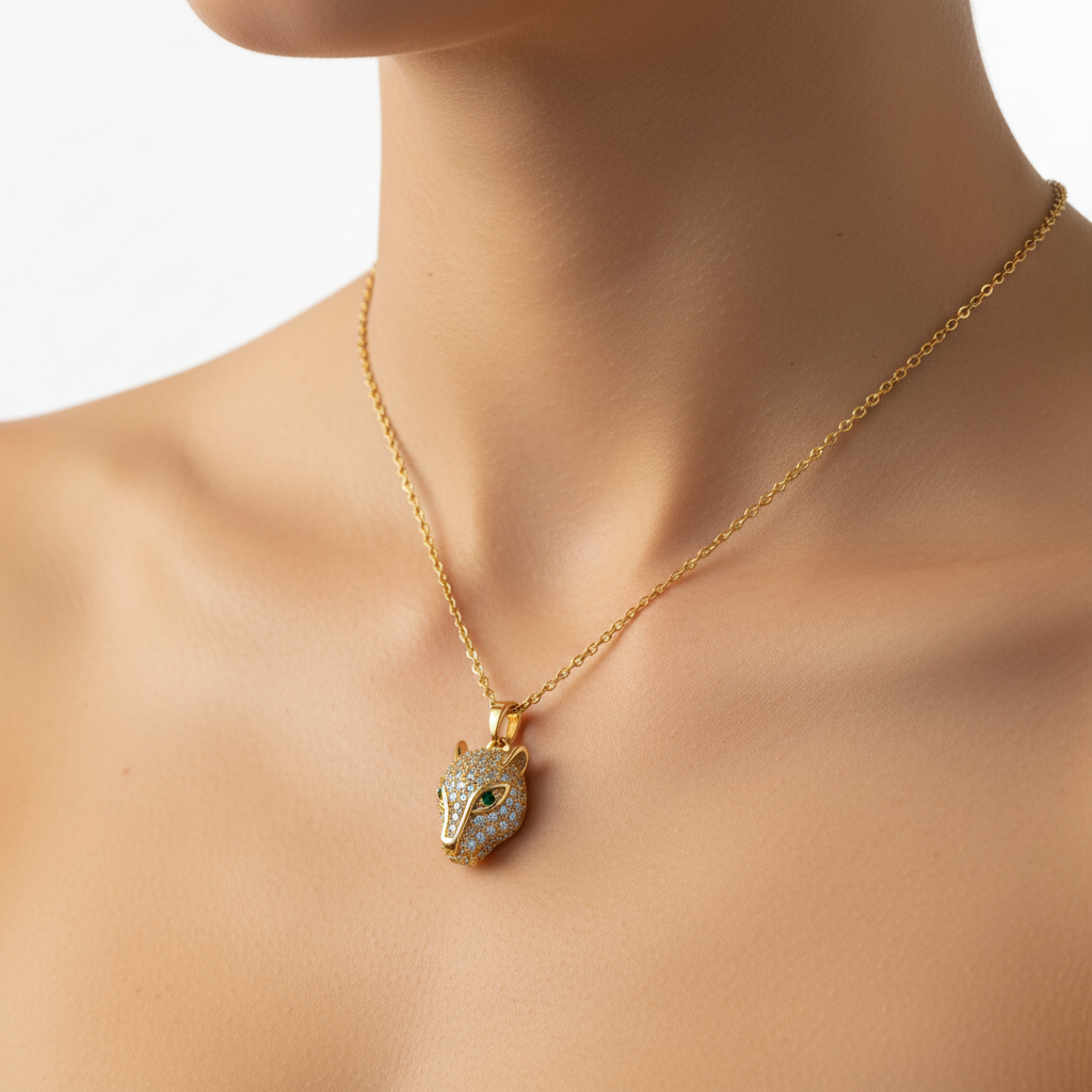 Square format model wearing panther pendant