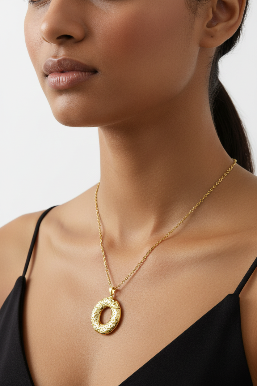 Textured circle pendant - model closeup