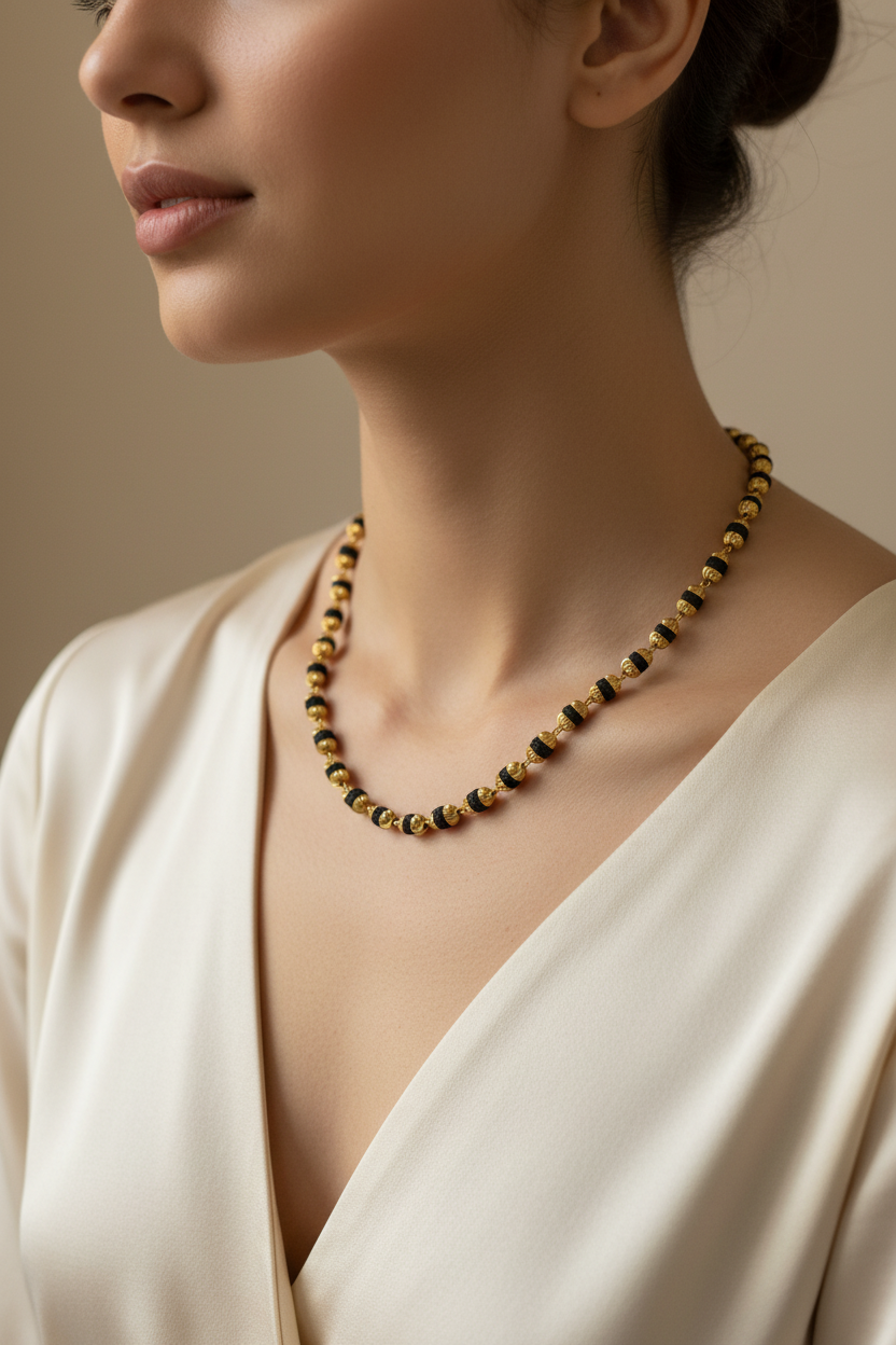 Woman wearing 4mm Rudraksha necklace