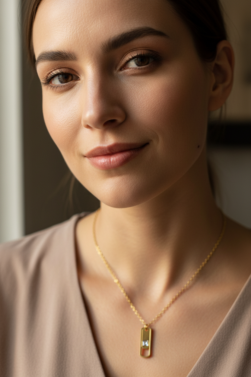 Woman wearing dog tag pendant - natural portrait
