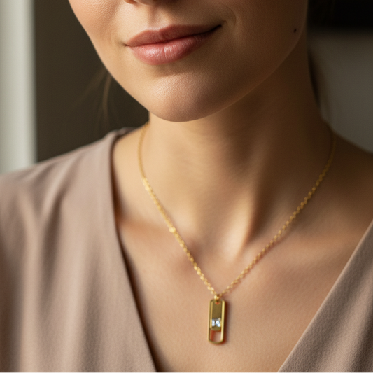 Woman wearing dog tag pendant - natural portrait